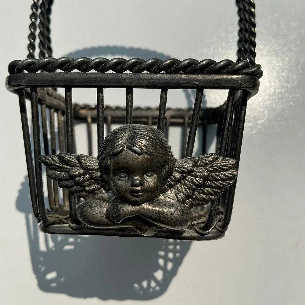 Vintage Silver Tone Cherub Wire Basket Mini Decorative Trinket Holder Angel